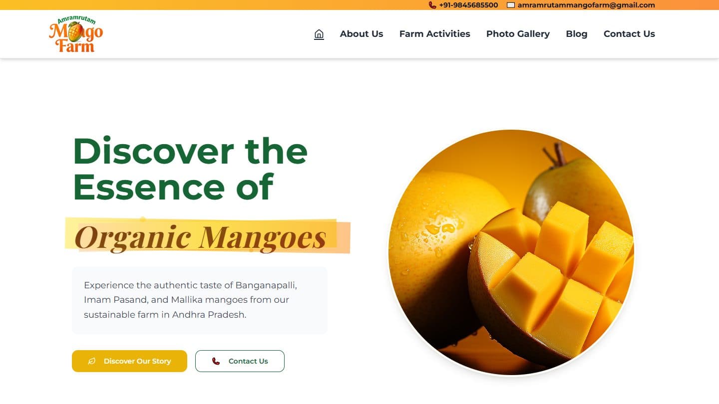 Home page of the Amramrutam Mango Farm website: 'Discover the Essence of Organic Mangoes' beside a photo of cut mangoes.